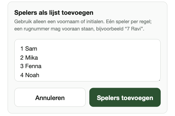 Het scherm ‘Spelers als lijst toevoegen’ met een ingevulde namenlijst.