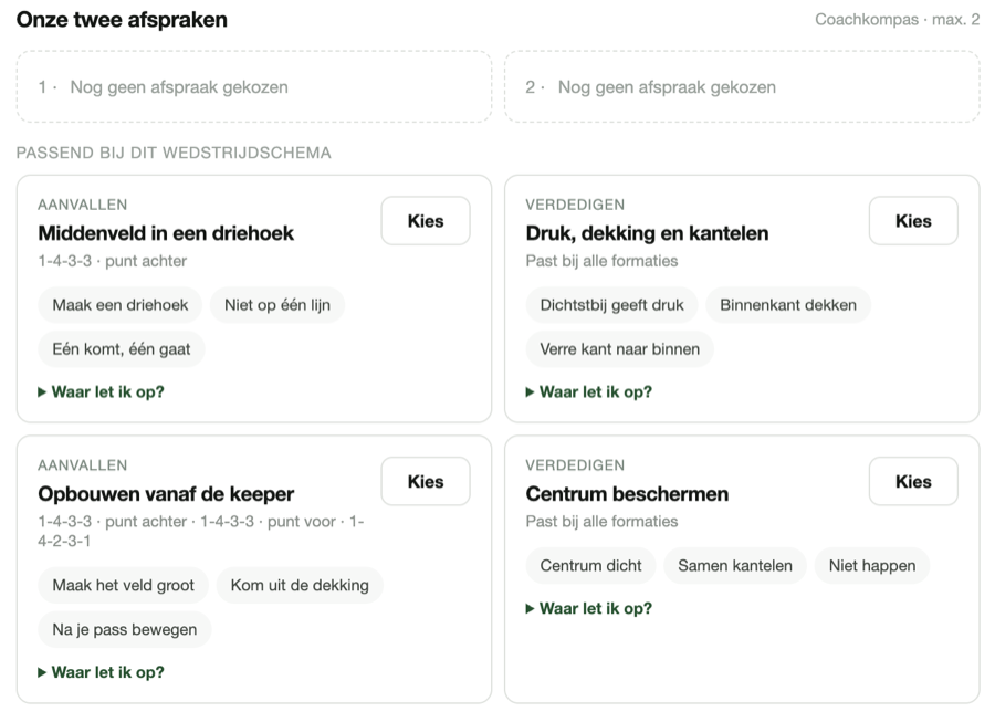 Het scherm ‘Onze twee afspraken’ met een bibliotheek van teamafspraken bij deze formatie, elk met coachwoorden.